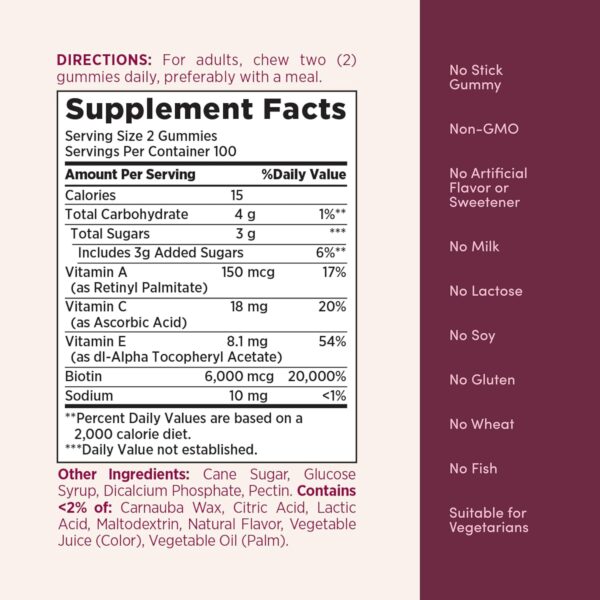 818QLlWIPL._AC_SL1500_.jpg Nature’s Bounty Optimal Solutions Advanced Hair, Skin and Nails Pectin Gummies, 2x Biotin Per Serving, No Stick Gummy, Vegetarian Formula, Strawberry Flavor, 200 ct, 100 Total Servings
