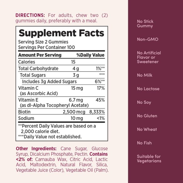 81EyoTz4ML._AC_SL1500_.jpg Nature's Bounty Optimal Solutions Hair, Skin and Nails Pectin Gummies, 2500 mcg Biotin Per Serving, No Stick Gummy, Vegetarian Formula, Strawberry Flavor, 200 count, 100 Total Servings