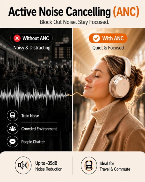 Wentronic Y05 Active Noise Cancelling Over Ear Headphones, Bluetooth 5.3 Wireless Headphones with Mic, 48H Playtime, USB-C Fast Charging, Hi-Res Audio, Starlight