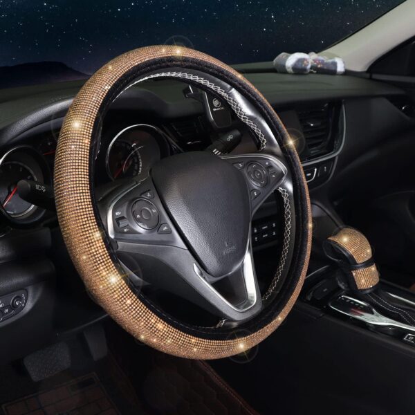 ToBeQueen Gold Steering Wheel Cover Set 15 inch,7 Pack Crystal Rhinestone Diamond Bling Gold Car Accessories,Seat Belt Cover,Gold Gear Shift Push Start Button Cover, Cup Coasters,Champagne