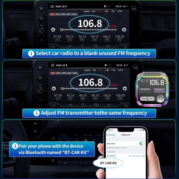 GizmoVine Bluetooth Car Adapter, Radio Receiver Audio FM Transmitter, Wireless Hands Free Phone Digital Kit, USB C QC PD 36W Fast Charger for 12V/24V Cigarette Lighter, U Disk MP3 Music Player Device