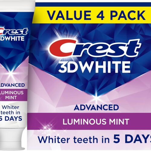 Crest 3D White Advanced, Teeth Whitening Toothpaste for Adults, 3.7 oz, 4 Pack, Cavity Protection Fluoride Toothpaste, Strengthens Enamel, Travel Size Toiletries