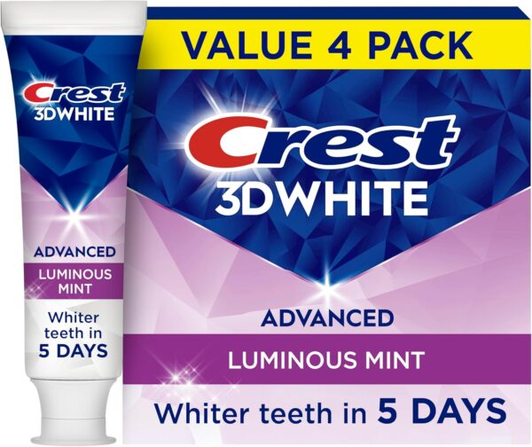 814q0uGYu1L._AC_SL1500_.jpg Crest 3D White Advanced, Teeth Whitening Toothpaste for Adults, 3.7 oz, 4 Pack, Cavity Protection Fluoride Toothpaste, Strengthens Enamel, Travel Size Toiletries