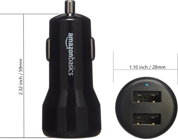 Amazon Basics Dual-Port USB Car Charger Adapter for Apple and Android Devices, 4.8 Amp, 24W, Black