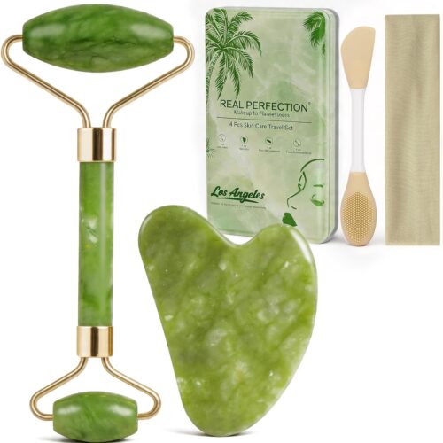 Real Perfection Gua Sha Facial Tools Face Roller for Wrinkles Jade Roller and Gua Sha Set, Scrubber Pore Brush Headband Skin Care Tools for Travel Skincare Routine Massaging Reducing Puffiness - Green