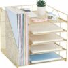 816JuztwLL._AC_SL1500_.jpg LEKETREE Desk Organizers with File Holder, 5-Tier Paper Organizer Letter Tray with Sliding Drawer and Extra Pen Holder, Mesh Desktop File Organizer for School Office Supplies (Gold)