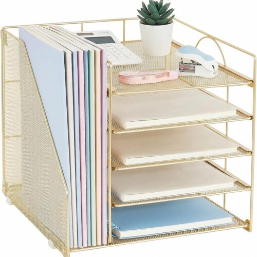 816JuztwLL._AC_SL1500_.jpg LEKETREE Desk Organizers with File Holder, 5-Tier Paper Organizer Letter Tray with Sliding Drawer and Extra Pen Holder, Mesh Desktop File Organizer for School Office Supplies (Gold)