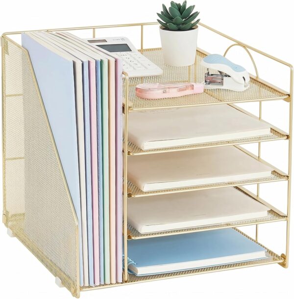 816JuztwLL._AC_SL1500_.jpg LEKETREE Desk Organizers with File Holder, 5-Tier Paper Organizer Letter Tray with Sliding Drawer and Extra Pen Holder, Mesh Desktop File Organizer for School Office Supplies (Gold)