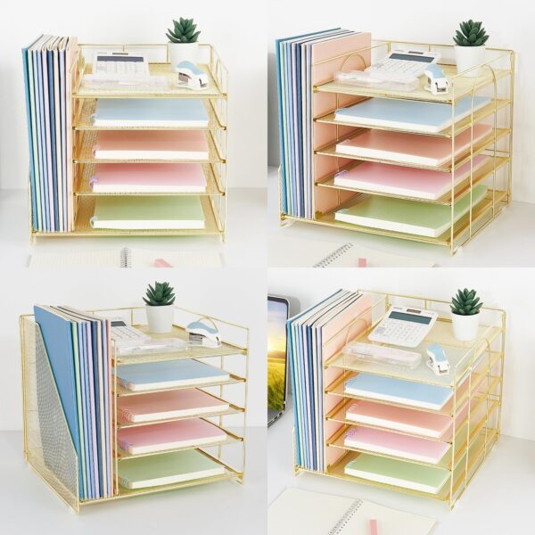 817D-35vcWL._AC_SL1500_.jpg LEKETREE Desk Organizers with File Holder, 5-Tier Paper Organizer Letter Tray with Sliding Drawer and Extra Pen Holder, Mesh Desktop File Organizer for School Office Supplies (Gold)