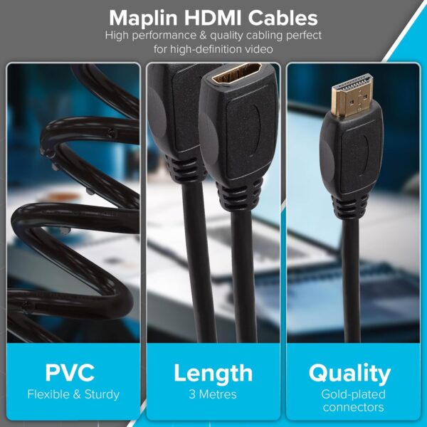 817vvfELl9L._AC_SL1500_.jpg Maplin HDMI Extension Cable 3m, 4K 30Hz Male to Female Adapter, Ultra HD High Speed, ARC/HDR/3D, Ethernet, Compatible with TVs, Monitor, PS4/5, Xbox, Projector, Soundbar, Sky Box, PC, Laptop, Apple TV