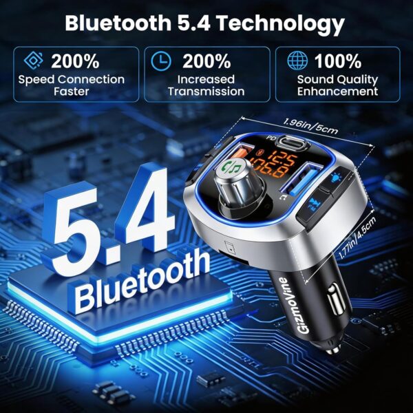 GizmoVine FM Transmitter for Car with 81W Fast Charge (PD 45W & QC3.0 36W), Bluetooth 5.4 Wireless Radio Adapter, Hands-Free Calling, Siri/Google Assistant, Bass Boost & LED Backlit