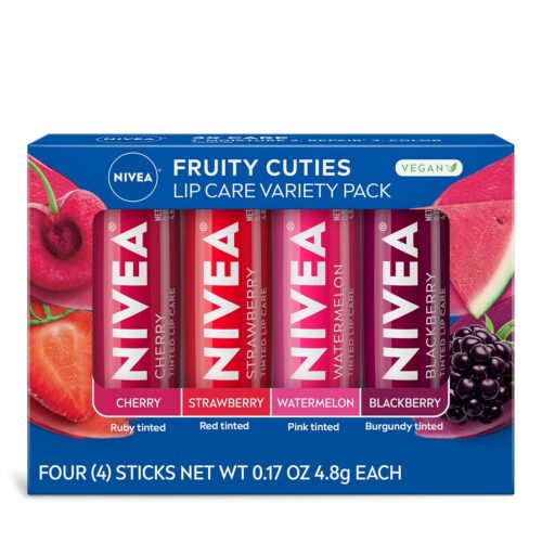 81BsHwPq6mL._SL1500_.jpg NIVEA Lip Care, Fruity Tinted Lip Balm Variety Pack, Cherry, Strawberry, Blackberry and Watermelon Flavors, 3-in-1 Moisture, Repair and Color, 0.17 Oz Stick, Pack of 4