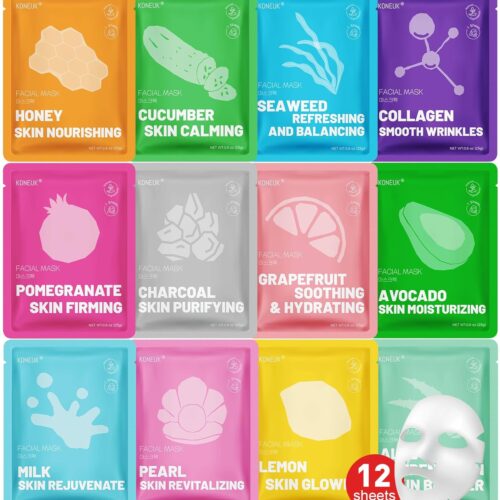 KONEUK 12 Pack Collagen Hydrating Face Masks Skincare, Sheet Face Mask for All Skin Types, Facial Masks Set for Women Skin Care, Face Mask Bulk Spa Gifts for Women