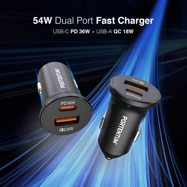 81CmgnFOSsL._AC_SL1500_.jpg PORTENTUM Car Charger Adapter 54W + 60W USB-C Cable included – Dual and simultaneous – USBC PD 36W + USBA QC 18W – Cigarette Lighter USB Charging for iPhone iPad Android Tablet Smartphone