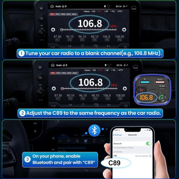 GizmoVine Bluetooth Car Adapter, FM Transmitter with Bass Boost, Wireless Hands-Free Call Kit, Audio Receiver, USB C QC PD 30W Fast Charger, 12V Cigarette Lighter, U Disk MP3 Music Player