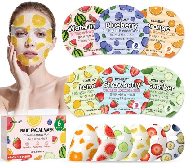 KONEUK 6 Pack Colorful Fruit Face Masks Skincare, Sheet Hydrating Face Mask, Collagen Facial Mask for Skin Care, Spa Birthday Party Supplies, Bulk Teacher Gifts, Graduation Gifts and Party Favors