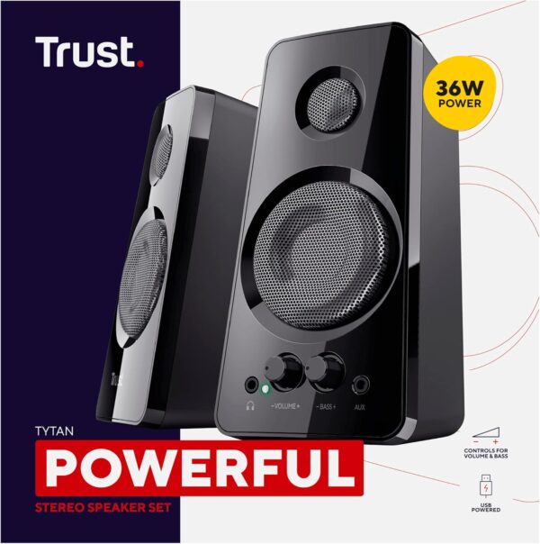 Trust Tytan 2.0 PC Speaker Set, USB Powered Sound System, Plug and Play Speakers, Bass Control, 36 W Peak Power, Wired Speakers for PC, Computer, Laptop, Tablet, Mac, Phone, Smartphone, TV - Black