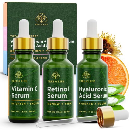 81I3EyYzdaL._SL1500_.jpg Tree of Life Face Serum Set - Vitamin C, Retinol & Hyaluronic Acid for Brightening, Firming & Hydrating - Anti Aging Skin Care Set - Dermatologist Tested - 1 Fl Oz (Pack of 3)