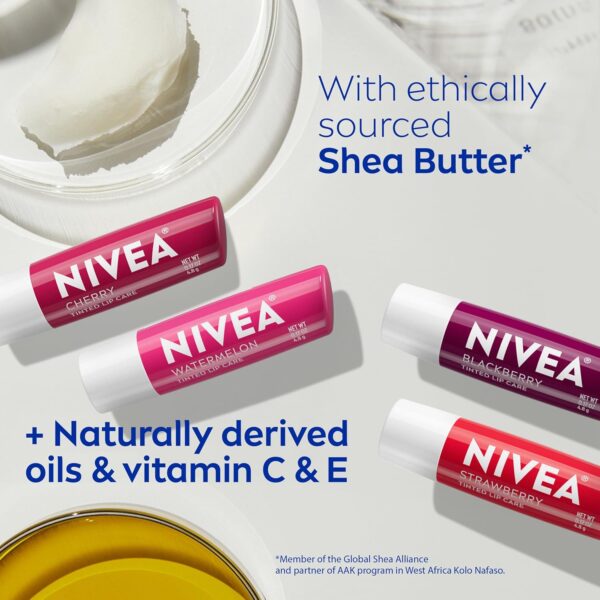 NIVEA Lip Care, Fruity Tinted Lip Balm Variety Pack, Cherry, Strawberry, Blackberry and Watermelon Flavors, 3-in-1 Moisture, Repair and Color, 0.17 Oz Stick, Pack of 4
