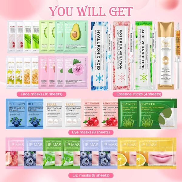 Gifts for Women Face Mask Skin Care Set 36 Pcs Teens Girl Gifts Moisturize,Hydrate Face Mask Set Spa Gift Set Self Care Valentines Mothers Day Birthday ( Face Masks, Lip & Eye Patches, Face Essense)