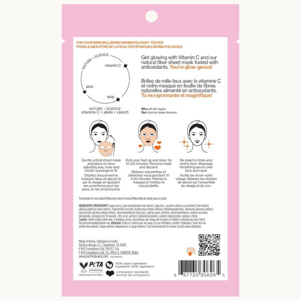 Pacifica Sheet Face Mask - Glow Baby Brightening Facial Mask w/Vitamin C, Aloe & Kelp – Cooling Mask for Dark Spots & Fine Lines - Clean Beauty Vegan & Cruelty-Free Dermatologist Tested