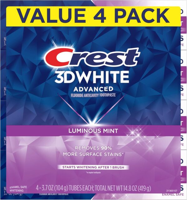 81N8OuTcddL._AC_SL1500_.jpg Crest 3D White Advanced, Teeth Whitening Toothpaste for Adults, 3.7 oz, 4 Pack, Cavity Protection Fluoride Toothpaste, Strengthens Enamel, Travel Size Toiletries
