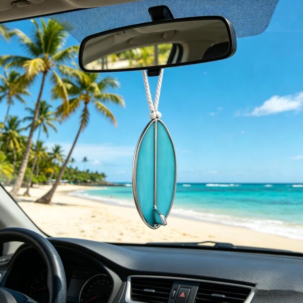 Surfboard Car Decor Charm Beach Rear View Mirror Accessories Stained Glass Car Accessories Ocean Decor Hanging Sun Catcher Surfer for Women Man