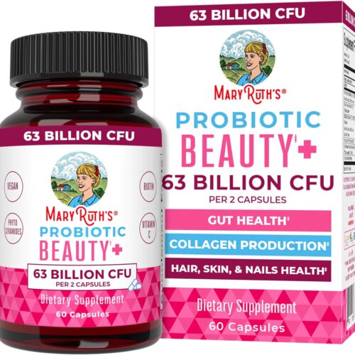 MARYRUTH'S Probiotic Beauty Capsules + Red Orange Complex & Ceramosides | Vegan Collagen Support | Anti Aging | Gut Health | Hair Skin and Nails Vitamins | Skin Care | Biotin | Non-GMO | 60 Count