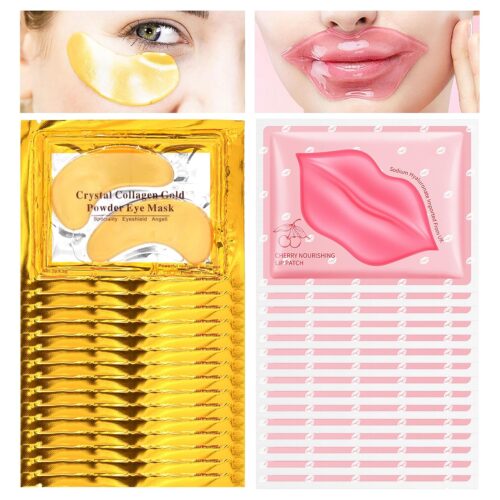 30PCS Lip Mask & Under Eye Patches Skincare Set,Moisturizing Gold Under Eye Masks,Pink Lip Masks Skin Care Set for Lip & Eye Skin
