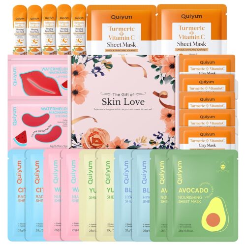 QUIYUM Skincare Set - 26PCS Face Masks & Lip-Eye Masks, Fruit & Turmeric VC Masks Gifts for Women Teen Girls, Travel Size Toiletries for Mother's Day Christmas Birthday