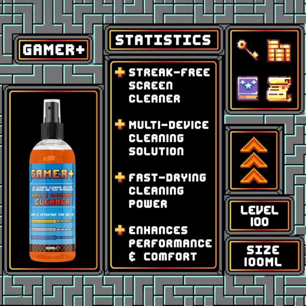 Gamer +, Screen Cleaner - Streak-Free Spray for Gaming Monitors, TVs, Laptops, Consoles, Controllers, Keyboards, Smartphones & Tablets - Removes Dust, Smears & Fingerprints - 100ml