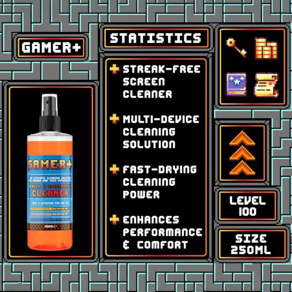 Gamer +, Screen Cleaner - Streak-Free Spray for Gaming Monitors, TVs, Laptops, Consoles, Controllers, Keyboards, Smartphones & Tablets - Removes Dust, Smears & Fingerprints - 250ml