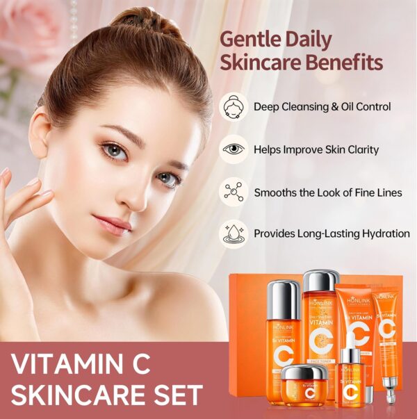 81UT4sFRYLL._SL1500_.jpg 6-Piece Hydrating Vitamin C Skincare Set with Niacinamide, Daily Face Care Routine Includes Cleanser, Toner, Serum, Moisturizer, Eye Cream & Body Lotion for Self Care