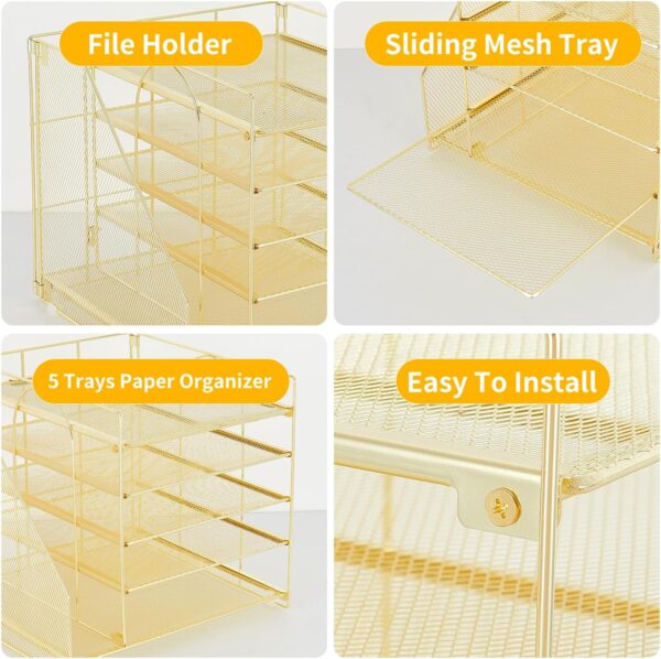 81V2PPXk76L._AC_SL1500_.jpg LEKETREE Desk Organizers with File Holder, 5-Tier Paper Organizer Letter Tray with Sliding Drawer and Extra Pen Holder, Mesh Desktop File Organizer for School Office Supplies (Gold)