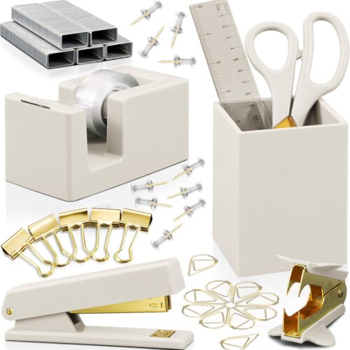 81XMaRnSbGL._AC_SL1500_.jpg Aesthetic Desk Accessories Set - A Complete Desktop Organizer Set For Women Enhances Any Office Decor - An Office Supplies Kit w Gold Finish incl. Pen Holder, Scissors, Stapler, Tape Dispenser & More