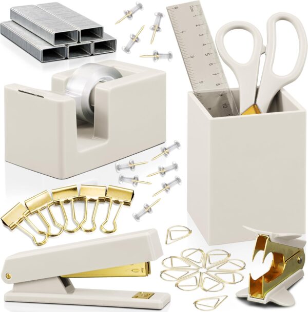81XMaRnSbGL._AC_SL1500_.jpg Aesthetic Desk Accessories Set - A Complete Desktop Organizer Set For Women Enhances Any Office Decor - An Office Supplies Kit w Gold Finish incl. Pen Holder, Scissors, Stapler, Tape Dispenser & More
