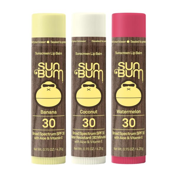 81YTLcV-PGL._SL1500_.jpg Sun Bum SPF 30 Sunscreen Lip Balm 3 Flavor Variety Pack - Coconut, Banana, Watermelon - Moisturizing Aloe Vera and Vitamin E - Vegan and Cruelty Free - UVA/UVB Lip Protection - 0.15 oz, 3 count