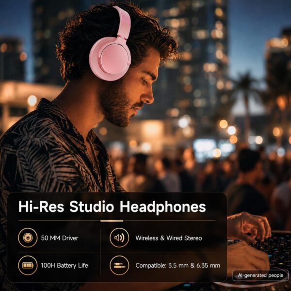 81YZZwujL5L._AC_SL1500_.jpg syndesmos Wireless Over Ear Bluetooth Headphones, Studio Monitor & DJ Headphones with 50mm Drivers, 100H Playtime, 1/4" to 3.5mm Wired Audio Jack for Mixing, Recording, Guitar Amp, Podcast, Pink