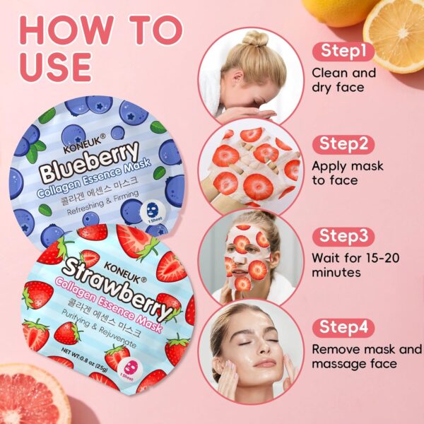 KONEUK 6 Pack Colorful Fruit Face Masks Skincare, Sheet Hydrating Face Mask, Collagen Facial Mask for Skin Care, Spa Birthday Party Supplies, Bulk Teacher Gifts, Graduation Gifts and Party Favors