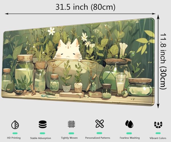 81aBAF5KML._AC_SL1500_.jpg Cute Kawaii White Cat Anime Green Plant Leaves Desk Mat Large Mouse Pad Gaming Desk Pad, XL Extended Mousepad Desk Accessories for Women Office Decor Long Laptop Keyboard Mouse Mat 31.5x11.8 in