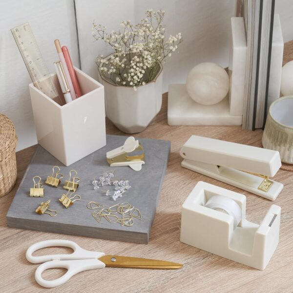 81aXRiofihL._AC_SL1500_.jpg Aesthetic Desk Accessories Set - A Complete Desktop Organizer Set For Women Enhances Any Office Decor - An Office Supplies Kit w Gold Finish incl. Pen Holder, Scissors, Stapler, Tape Dispenser & More