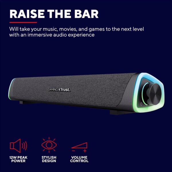 81awi2Gcx9L._AC_SL1500_.jpg Trust Gaming GXT 620 Axon RGB Illuminated Soundbar 12W, USB Powered, 3.5mm AUX, PC Speaker for Computer, Laptop, Smartphone, Tablet, TV - Black