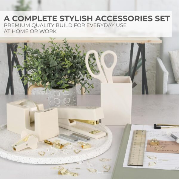 81axQJCgLiL._AC_SL1500_.jpg Aesthetic Desk Accessories Set - A Complete Desktop Organizer Set For Women Enhances Any Office Decor - An Office Supplies Kit w Gold Finish incl. Pen Holder, Scissors, Stapler, Tape Dispenser & More