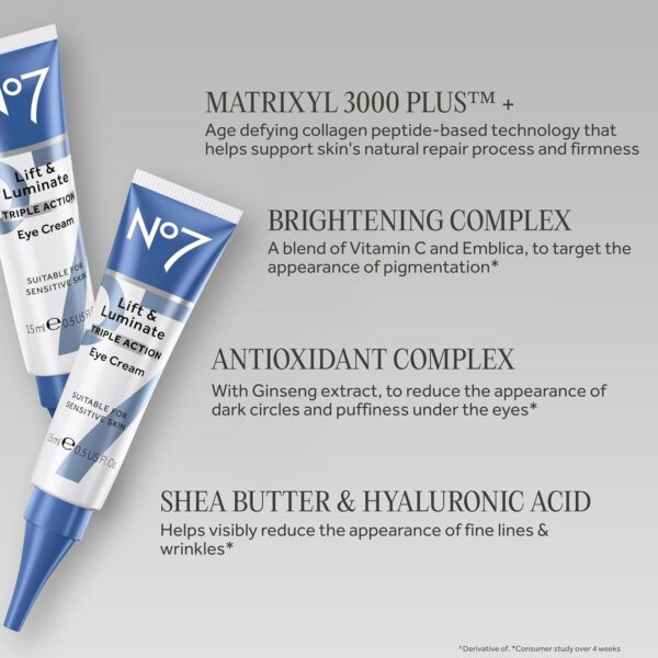 81cf-fDjwSL._SL1500_.jpg No7 Lift & Luminate Triple Action Under Eye Cream - Dark Circles Under Eye Treatment with Vitamin C & Collagen Peptide Technology - Helps Reduce Puffiness, Bags & the Appearance of Wrinkles (0.5 Oz)