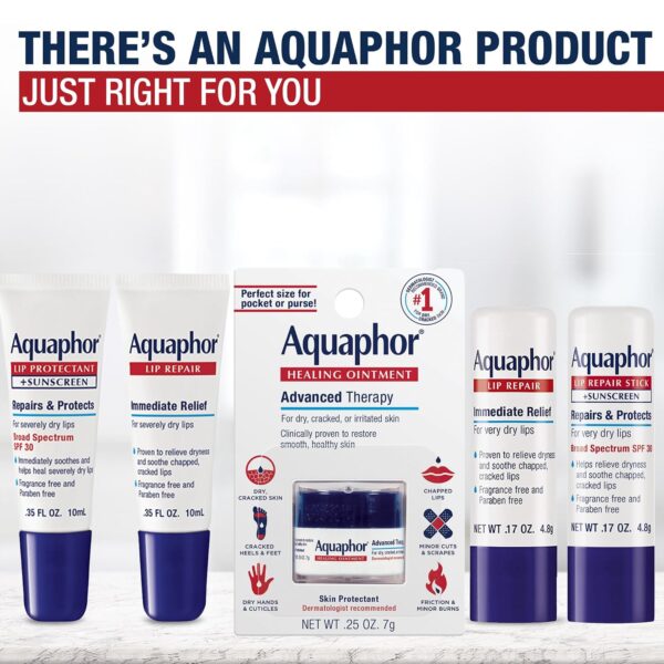 81d0txydMQL._SL1500_.jpg Aquaphor Lip Repair Ointment, Moisturizing Lip Balm Pack, Relieves Dryness, 0.35 Tube, Pack of 2