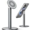 Nulaxy Magnetic Cell Phone Stand with 2 Metal Rings, 360 Rotating Fully Aluminum Smartphone Stand for Desk, Office Accessories Adjustable Phone Holder Compatible with All Phones MagSafe Case, Grey