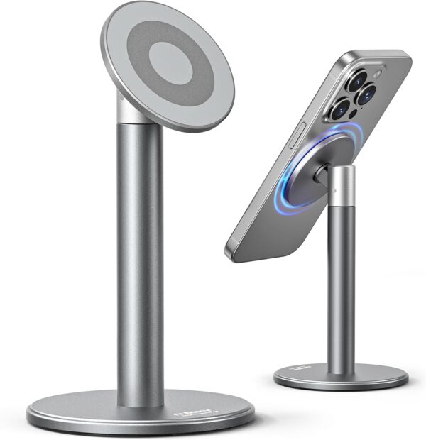 Nulaxy Magnetic Cell Phone Stand with 2 Metal Rings, 360 Rotating Fully Aluminum Smartphone Stand for Desk, Office Accessories Adjustable Phone Holder Compatible with All Phones MagSafe Case, Grey