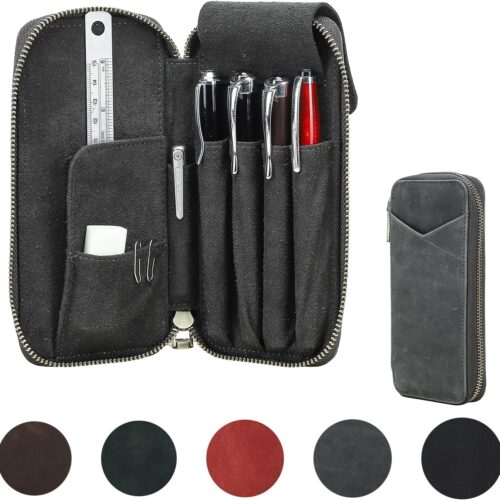 81ePx5MOftL._AC_SL1500_.jpg CONTACTS Genuine Leather Pen Case Handmade Vintage Pen Holder Zip Pouch for Men/Women Travel Elegant Office Desk Accessories Pencil Organizer Box Grey