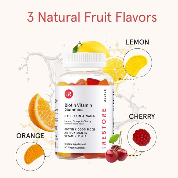 81eeCXeg5mL._AC_SL1500_.jpg iRestore Biotin Gummies 10,000 mcg - 3 Natural Fruit Flavors, Hair Vitamins Multi Supplement for Hair Skin and Nails for Women & Men, 60 Vegan Gummies, 30 Day Supply