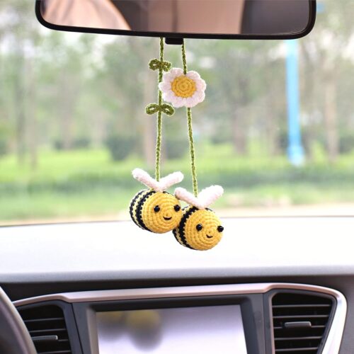 81gMTLGypL._AC_SL1500_.jpg Bunny Crochet Bee Car Rear View Mirror Holder, Cute Bumblebee Hanging Ornament, Gift for Bee Lovers, Crochet Lovely Bag Ornament, Automotive Interior Decorations